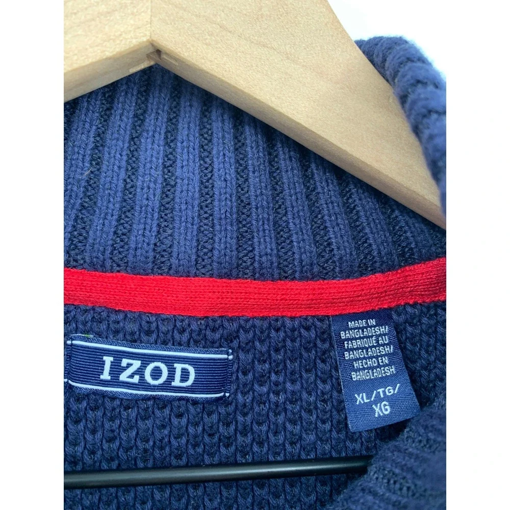 IZOD Sweater Mens XL Blue Red Nordic Fair Isle Thick Cotton Knit 1/4 Zip Ski